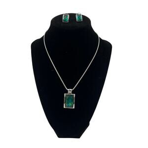 Vintage 90's Liz Clairborne Green Aqua Beveled Cut Pendant Necklace & Earrings